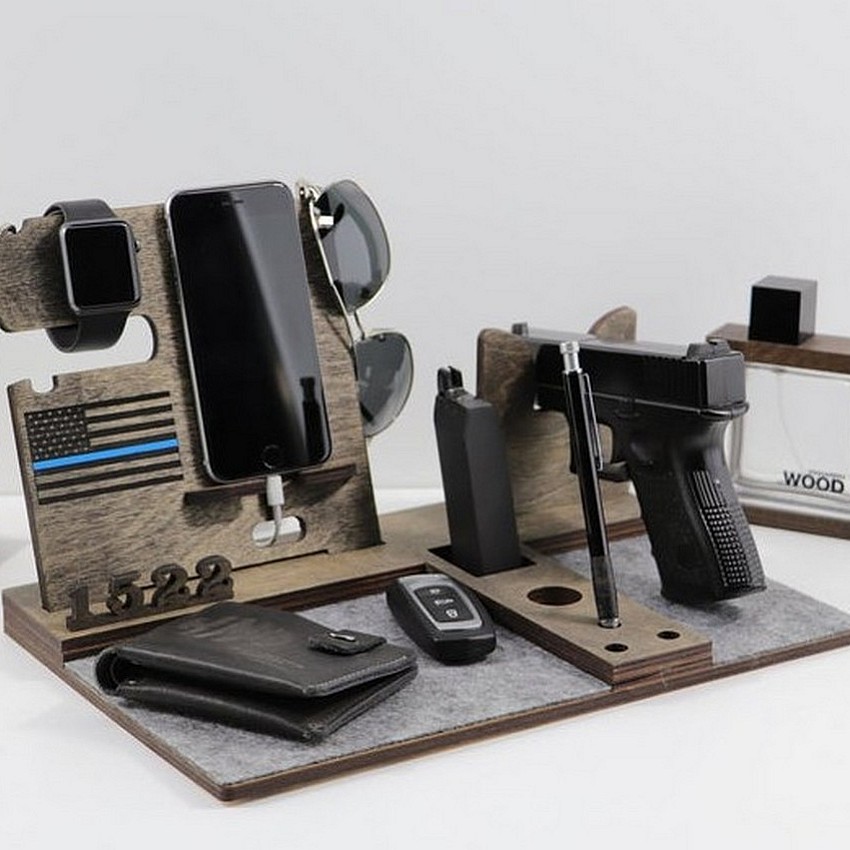 Kişiye Özel - Ahşap Silahlı Aksesuar ve Cep Telefonu Standı Police Seri