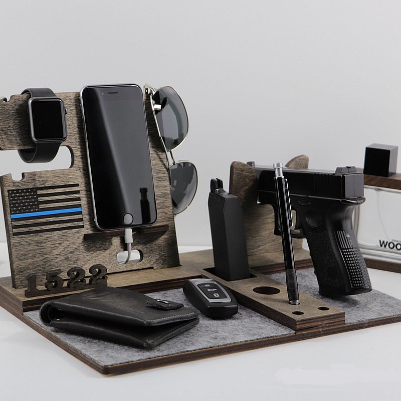 Kişiye Özel - Ahşap Silahlı Aksesuar ve Cep Telefonu Standı Police Seri