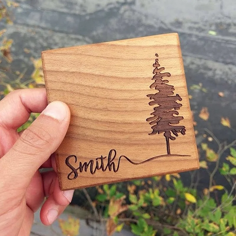 Kişiye Özel - Ahşap El İşçilikli Bardak Altlık 4 adet Kare Tasarım