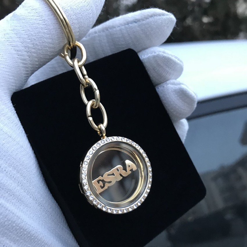 Kişiye Özel - Metal Gold Madalyon Taşlı Yuvarlak Anahtarlık