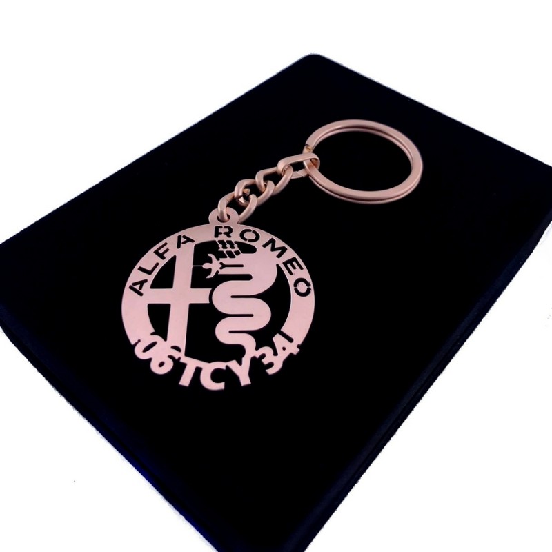 Kişiye Özel - Metal Alfa Romeo - Rose Plaka Anahtarlık Gerçek Altın Kaplama