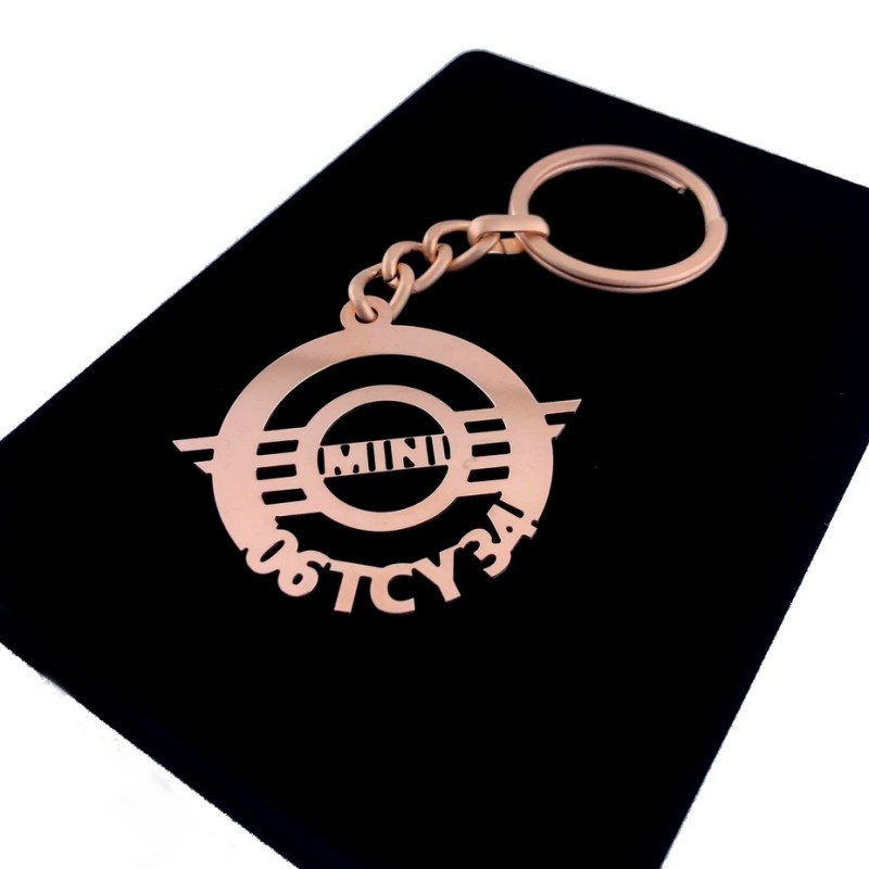 Kişiye Özel - Metal Mini Cooper - Rose Plaka Anahtarlık Gerçek Altın Kaplama