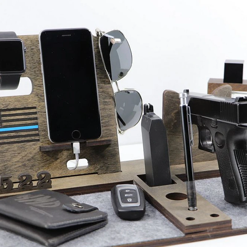 Kişiye Özel - Ahşap Silahlı Aksesuar ve Cep Telefonu Standı Police Seri