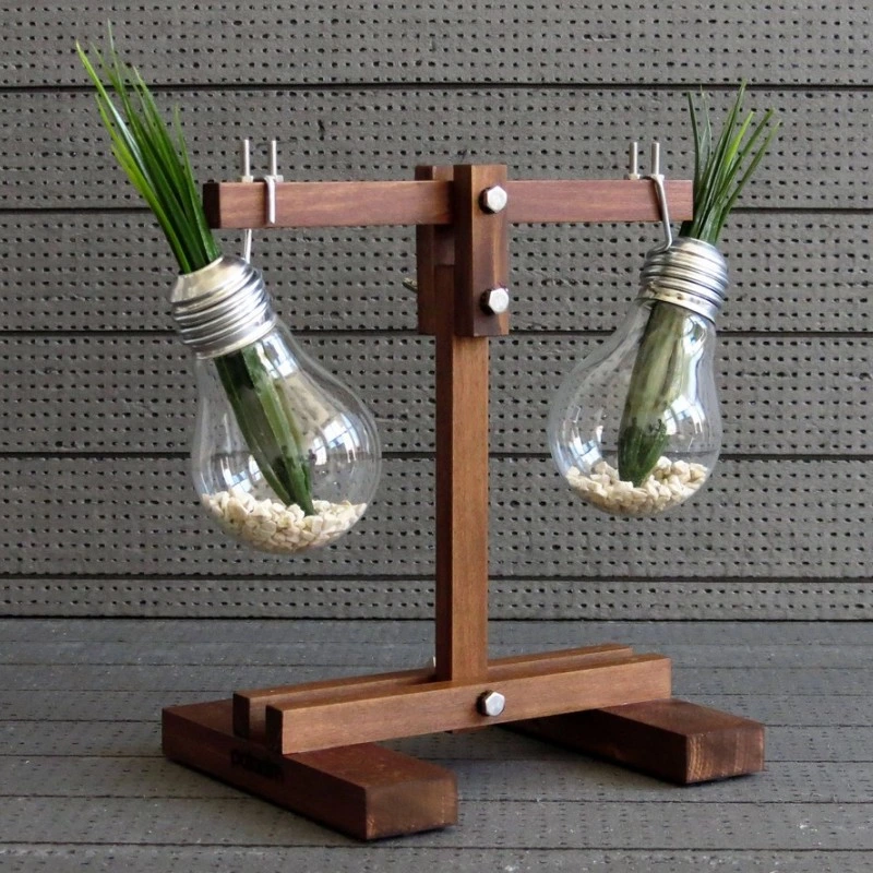 Kişiye Özel - Ahşap Bulb Ampul Tasarımlı Çift Saksılı Tasarım