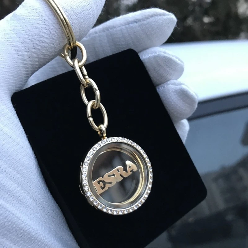 Kişiye Özel - Metal Gold Madalyon Taşlı Yuvarlak Anahtarlık