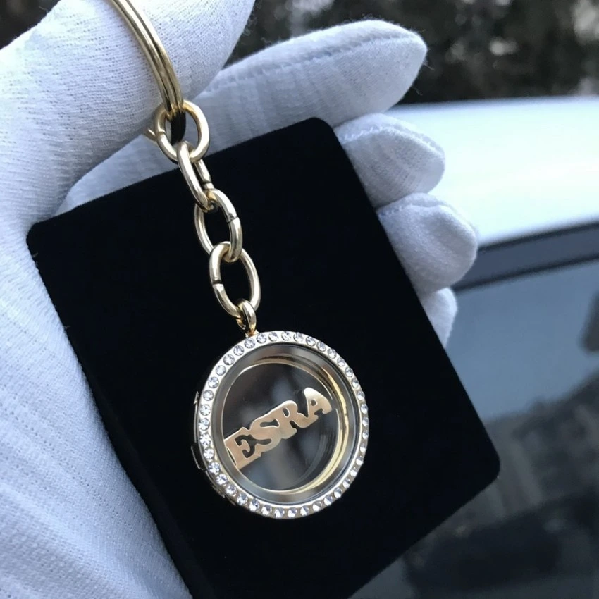 Kişiye Özel - Metal Gold Madalyon Taşlı Yuvarlak Anahtarlık