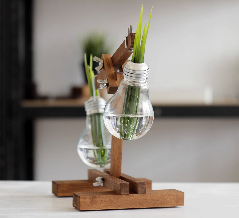 Kişiye Özel - Ahşap Bulb Ampul Tasarımlı Çift Saksılı Tasarım