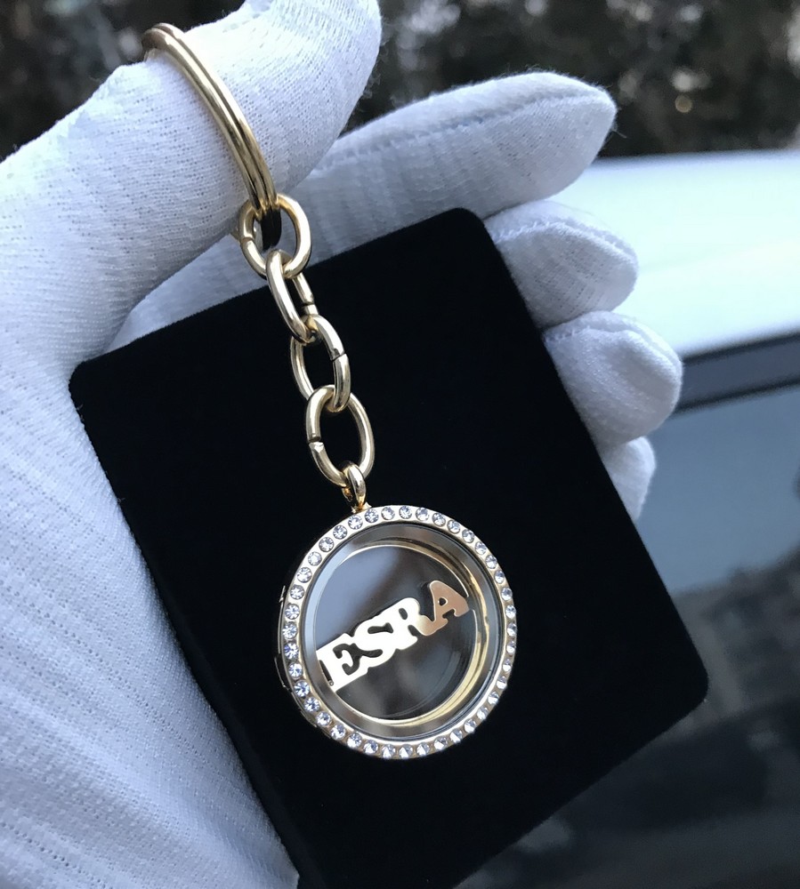 Kişiye Özel - Metal Gold Madalyon Taşlı Yuvarlak Anahtarlık