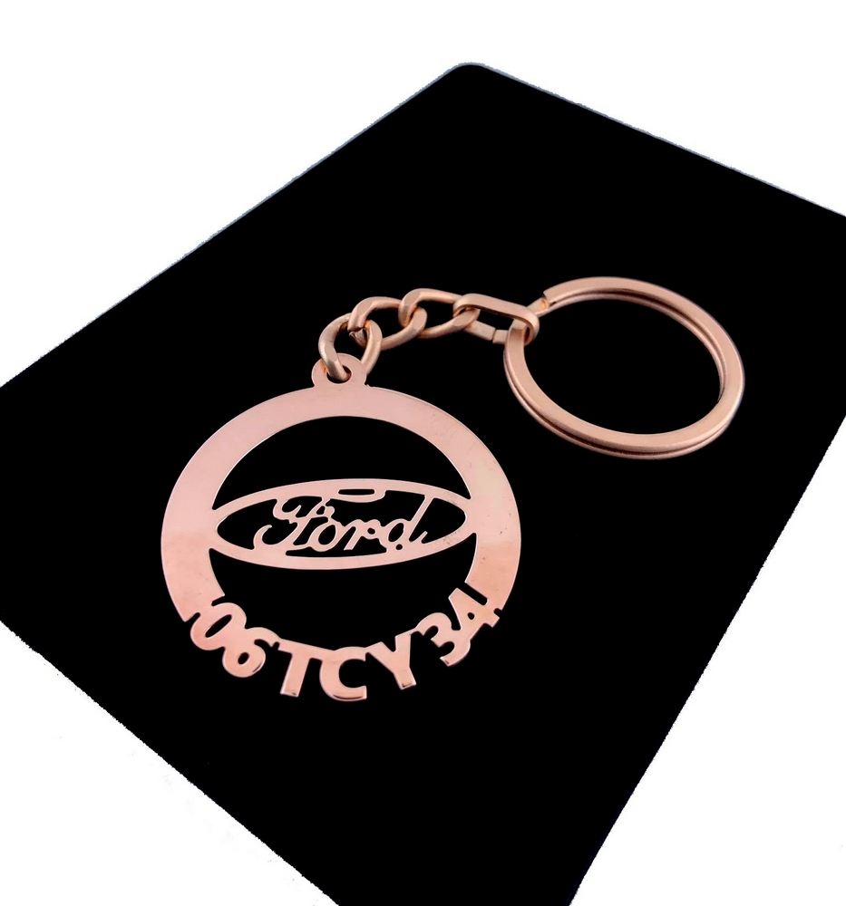 Kişiye Özel - Metal Ford - Rose Plaka Anahtarlık Gerçek Altın Kaplama
