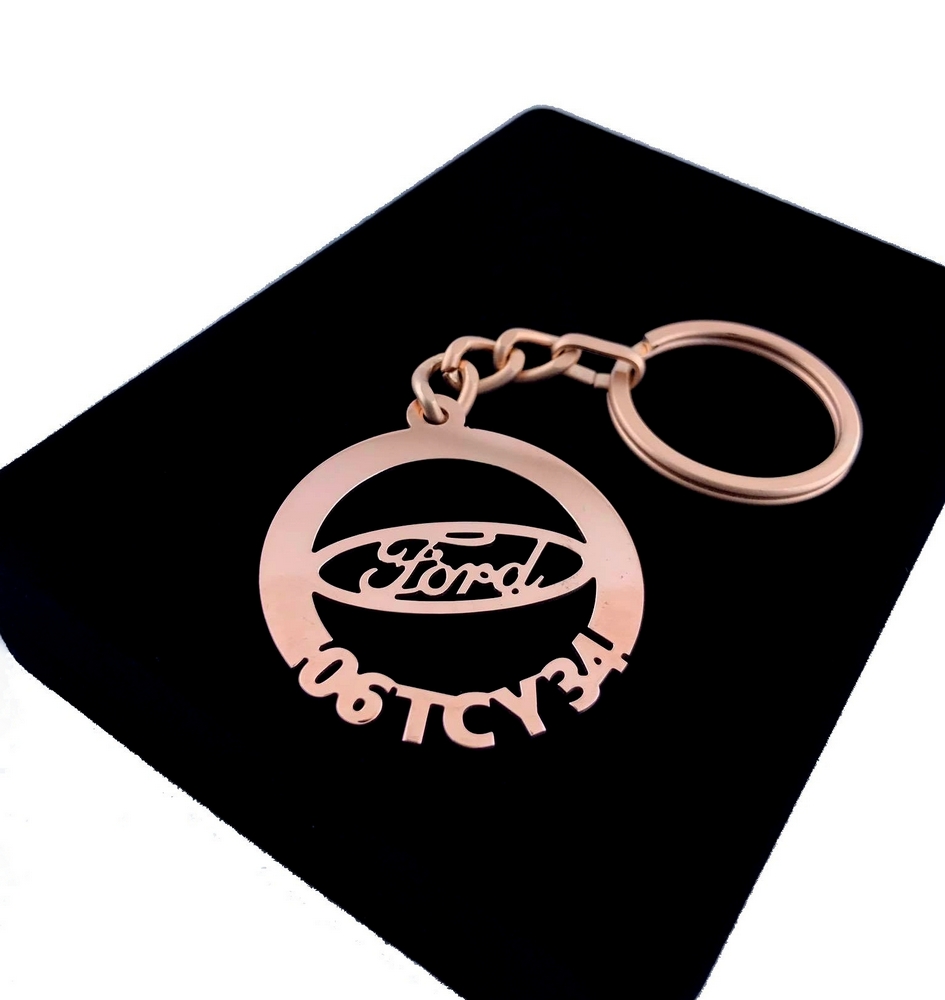 Kişiye Özel - Metal Ford - Rose Plaka Anahtarlık Gerçek Altın Kaplama