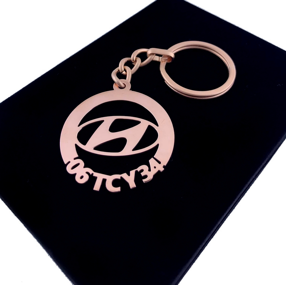 Kişiye Özel - Metal Hyundai - Rose Plaka Anahtarlık Gerçek Altın Kaplama