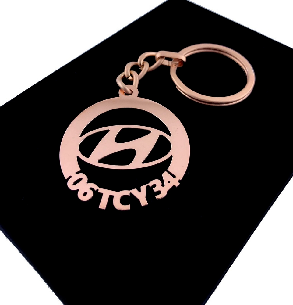 Kişiye Özel - Metal Hyundai - Rose Plaka Anahtarlık Gerçek Altın Kaplama