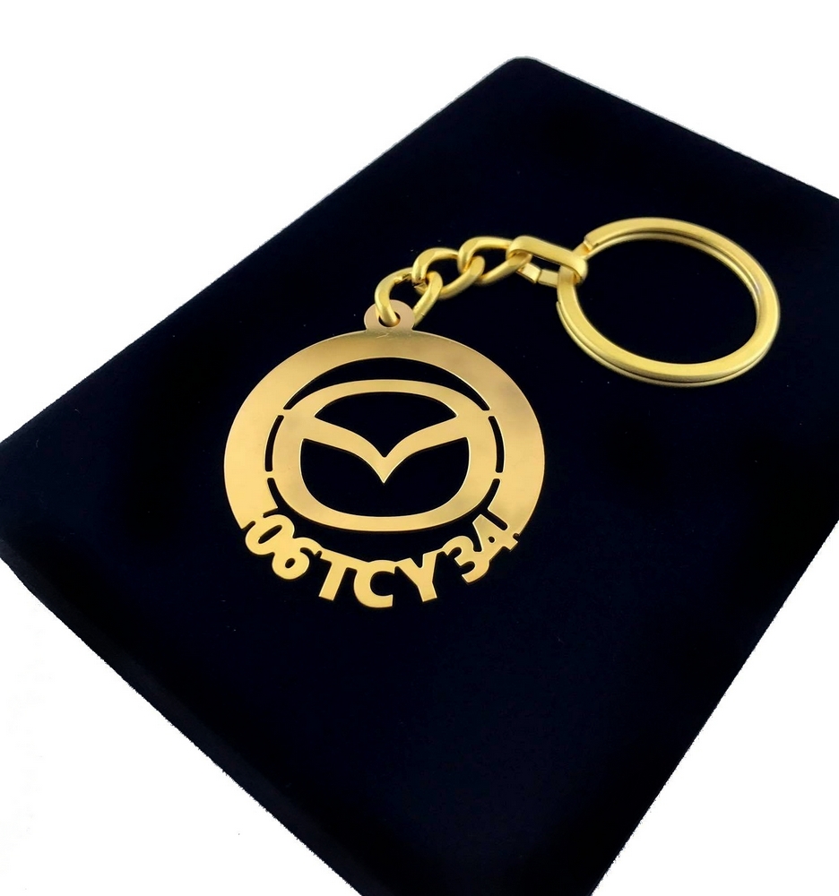 Kişiye Özel - Metal Mazda - Gold Plaka Anahtarlık Gerçek Altın Kaplama