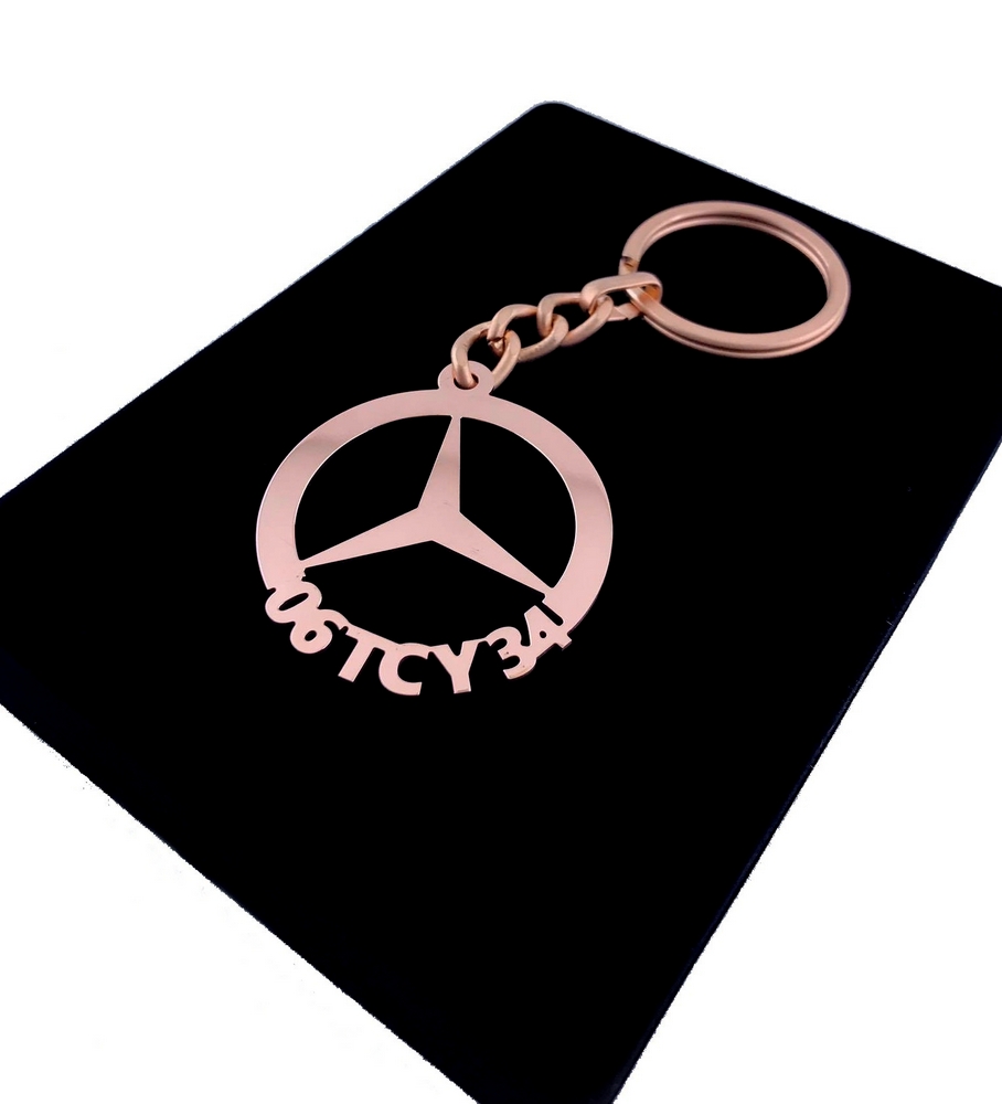 Kişiye Özel - Metal Mercedes Benz - Rose Plaka Anahtarlık Gerçek Altın Kaplama