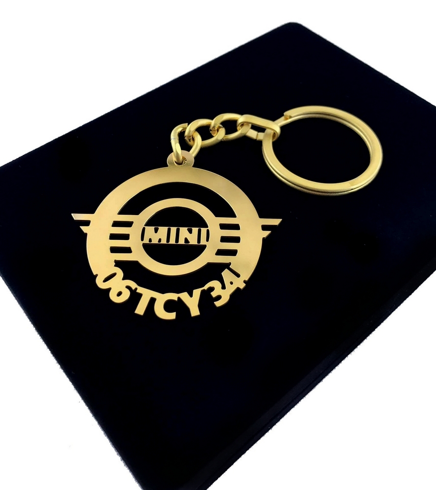 Kişiye Özel - Metal Mini-Cooper - Gold Plaka Anahtarlık Gerçek Altın Kaplama