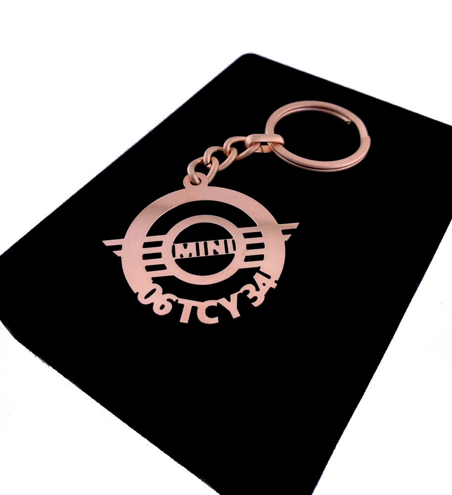 Kişiye Özel - Metal Mini Cooper - Rose Plaka Anahtarlık Gerçek Altın Kaplama