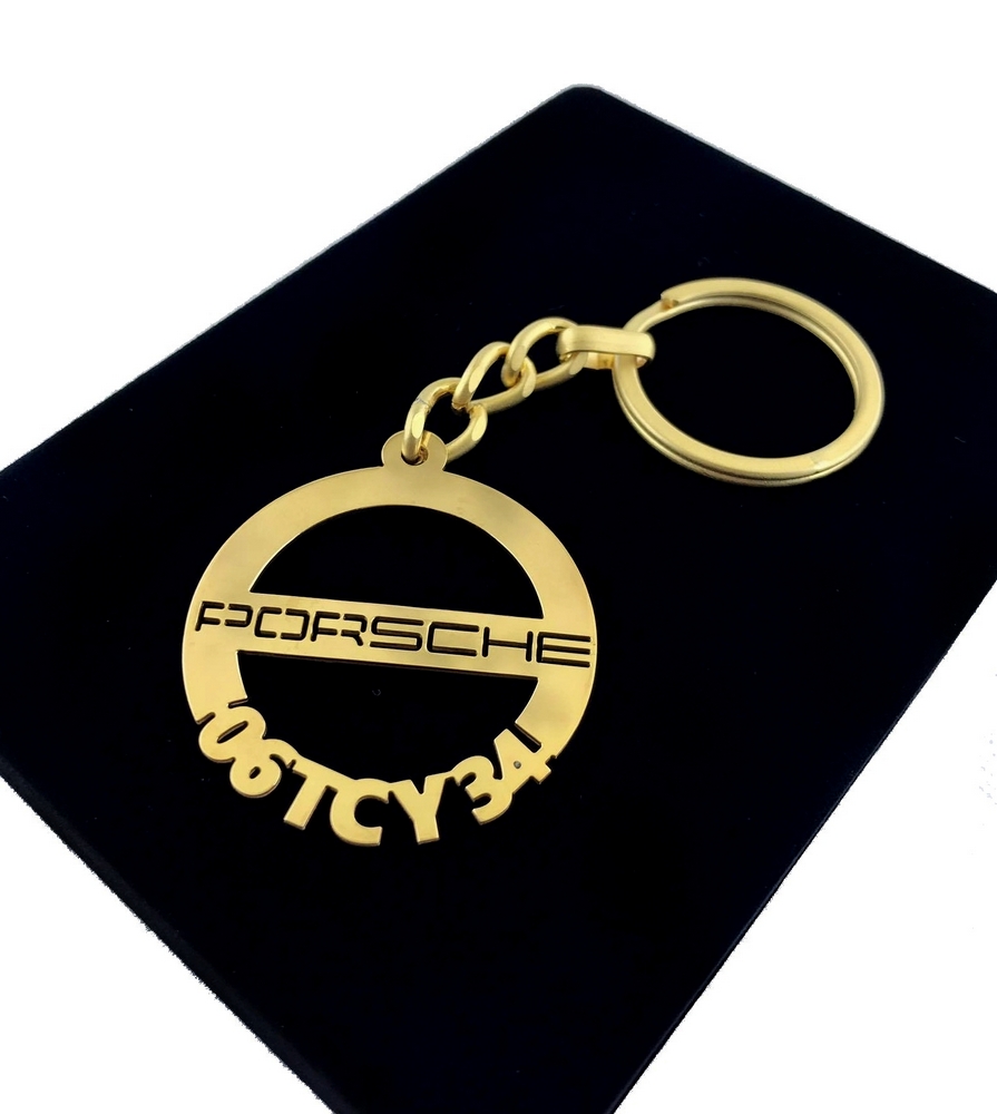 Kişiye Özel - Metal Porsche - Gold Plaka Anahtarlık Gerçek Altın Kaplama