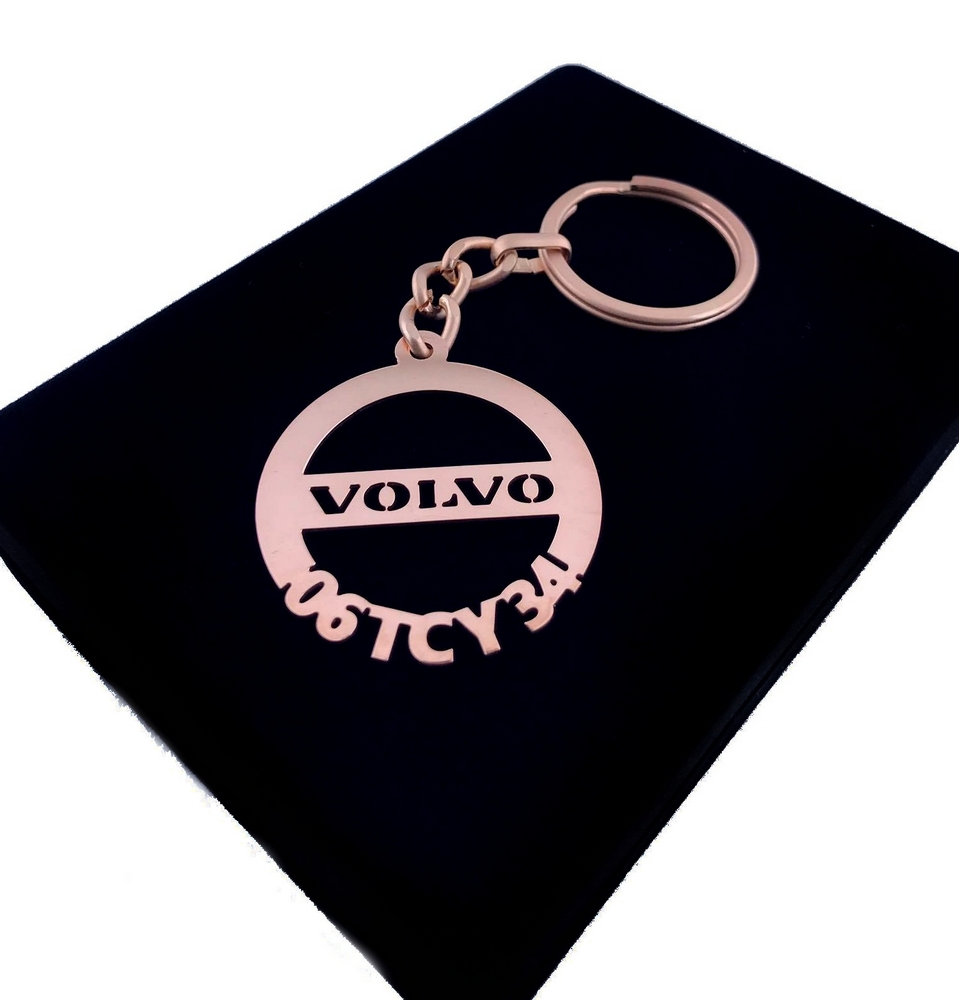 Kişiye Özel - Metal Volvo - Rose Plaka Anahtarlık Gerçek Altın Kaplama